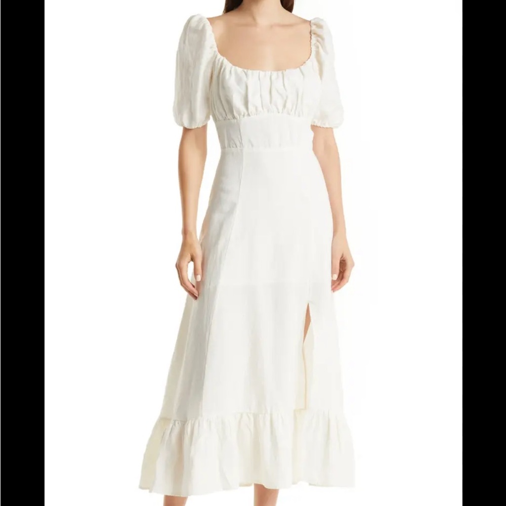 Puff Sleeve Linen Midi Dress - White - Midi dress Sz. 4